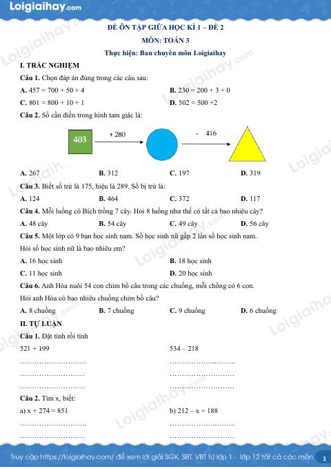 Đề kiểm tra giữa học kì 1 Toán 3 Kết nối tri thức - Đề số 2